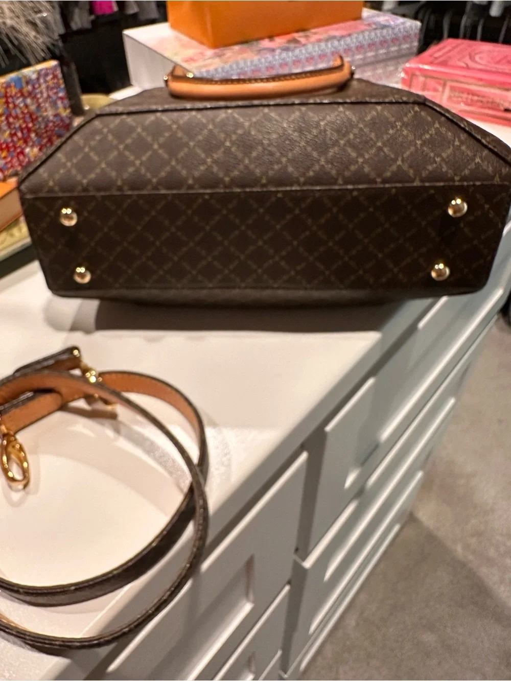 Brown Patterned Satchel with Tan Trim and Bow Accent